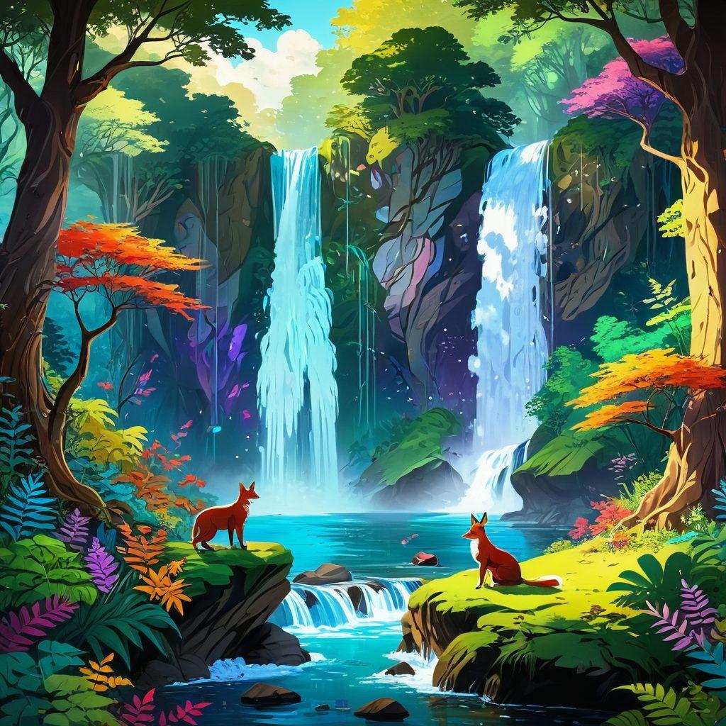 A vivid and captivating scene depicting a lively forest filled with whimsical, anthropomorphic characters inspired by adult animation, showcasing a blend of eroticism and humor. Include colorful trees, playful creatures, and subtle hints of romance as they interact in the wilderness. A gentle waterfall in the background adds a touch of serenity to the adventure. anime illustration style. vibrant colors. fantasy.